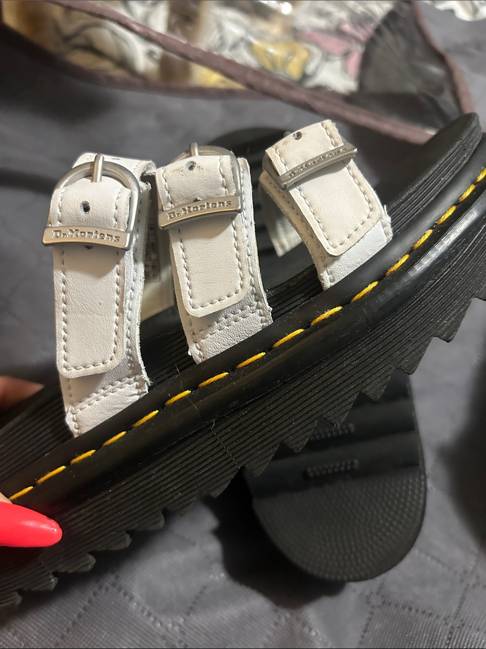 Dr. Martens White Triple-Strap Leather Slide Sandals with Yellow Stitching - Picture 3 of 4